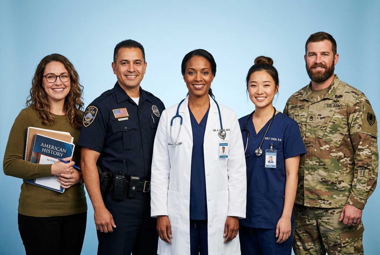 Teachers, police officers, doctors, nurses, and military members