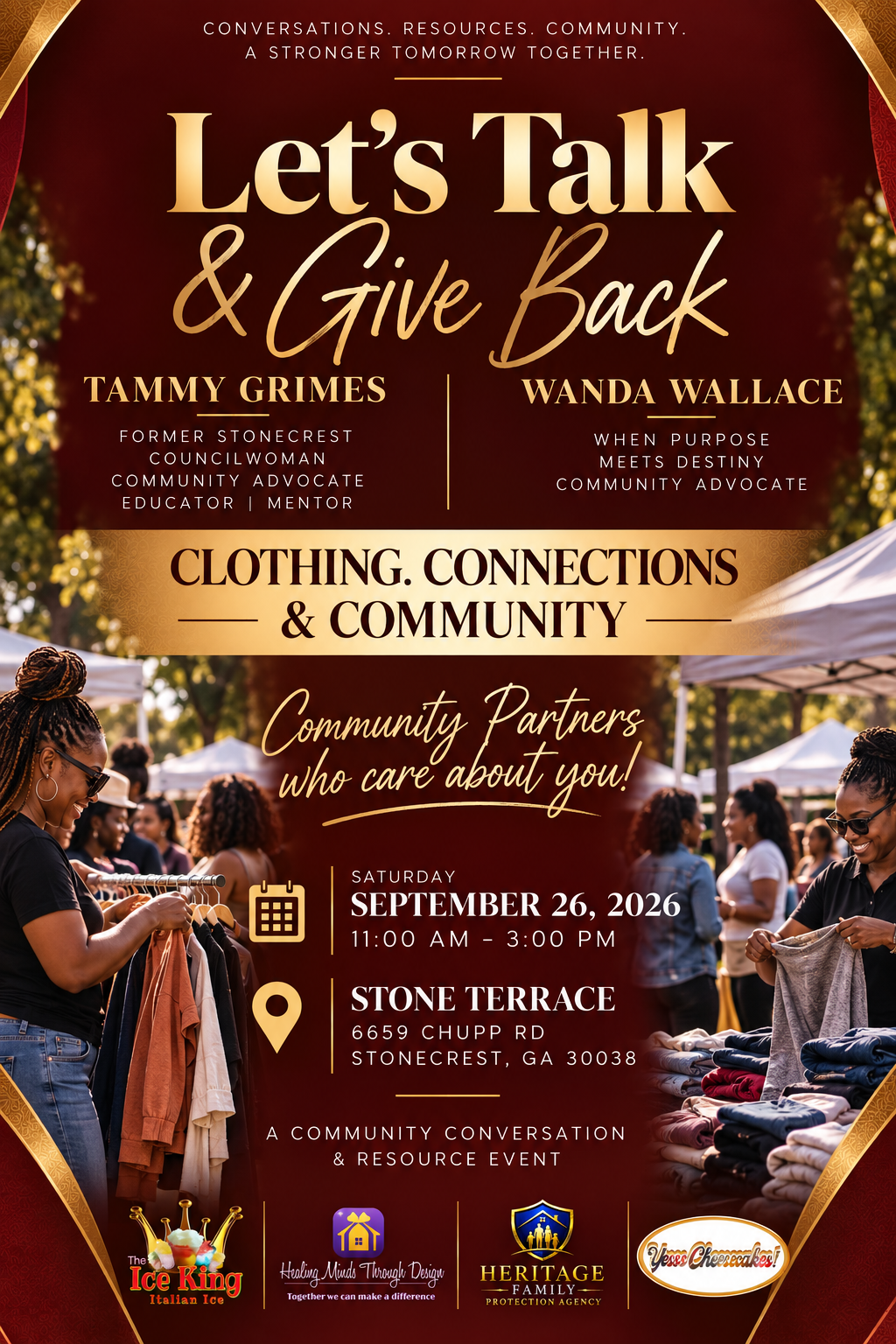 Let's Talk & Give Back — Clothing. Connections & Community. September 26, 2026 at Stone Terrace, Stonecrest GA